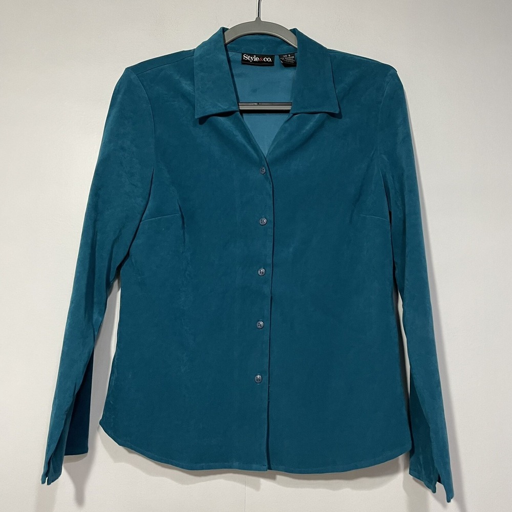 Style & Co Teal Button Down Long Sleeve Top‎ Career Blouse Women's size 8 Work